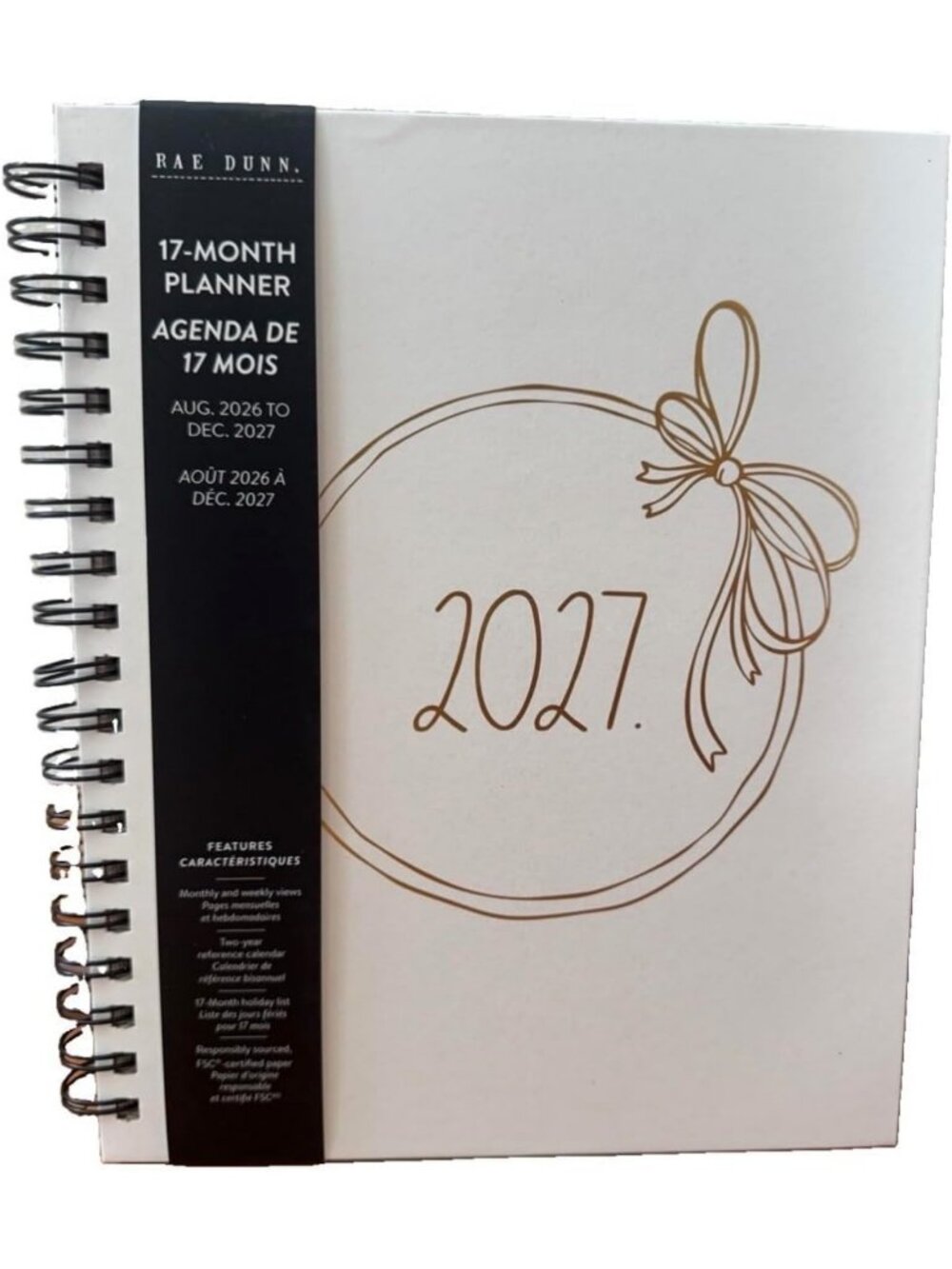 17-Month Ivory Planner 2026-2027 with Gold Bow, Spiral Binding, Weekly & Monthly